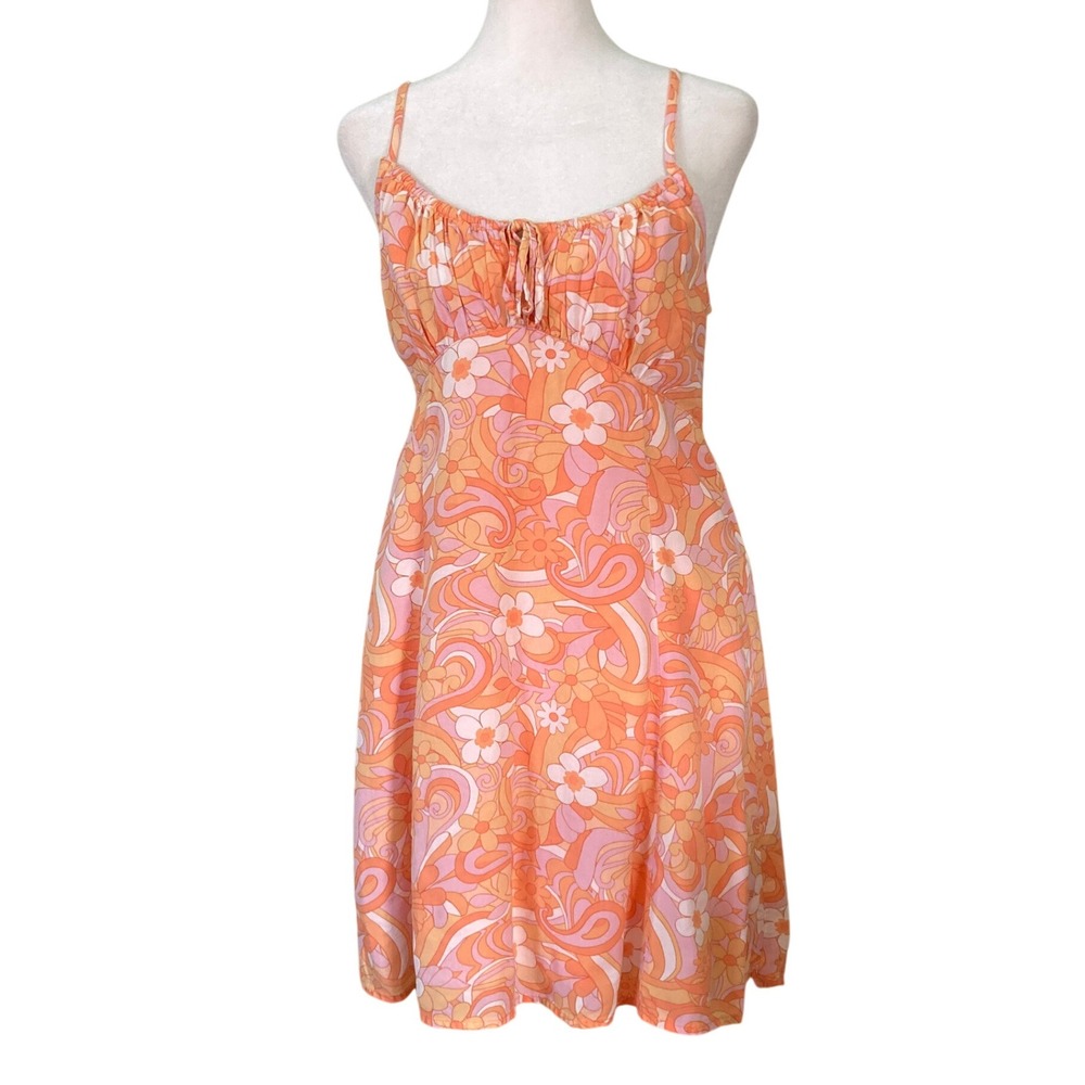 Hollister Retro Floral Orange Babydoll Mini Dress Groovy Lined‎ Beachy (Size M)